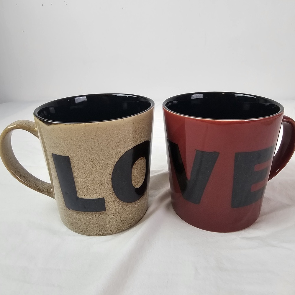 Pfaltzgraff Everday Set Of 2 Love His Hers Oversized Mugs Coffee Cups Red Beige